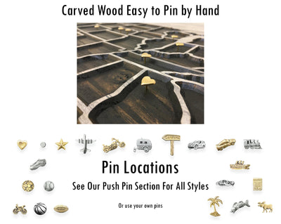 carved wooden push pin map