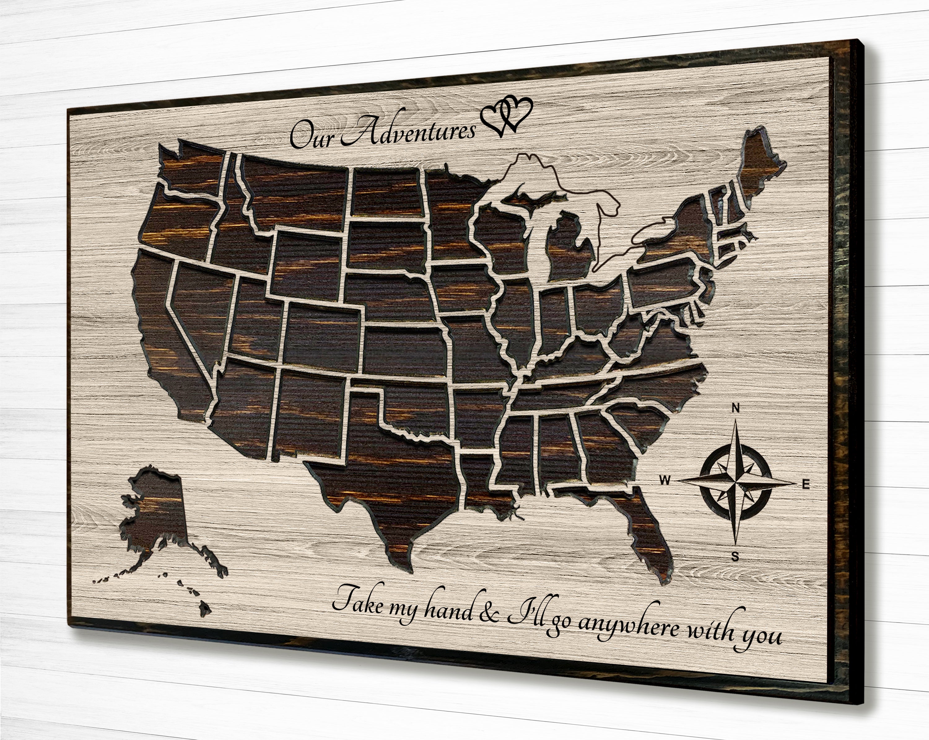 US Push Pin Map  Compass Wood Wall Art