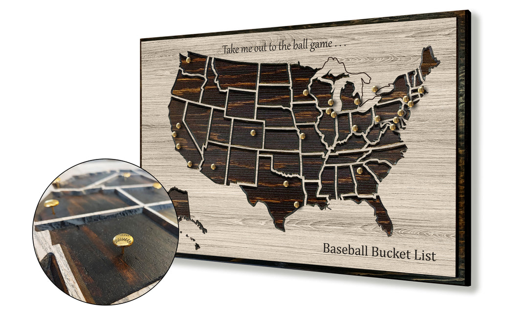 baseball bucket list us push pin travel map to mark MLB stadiums