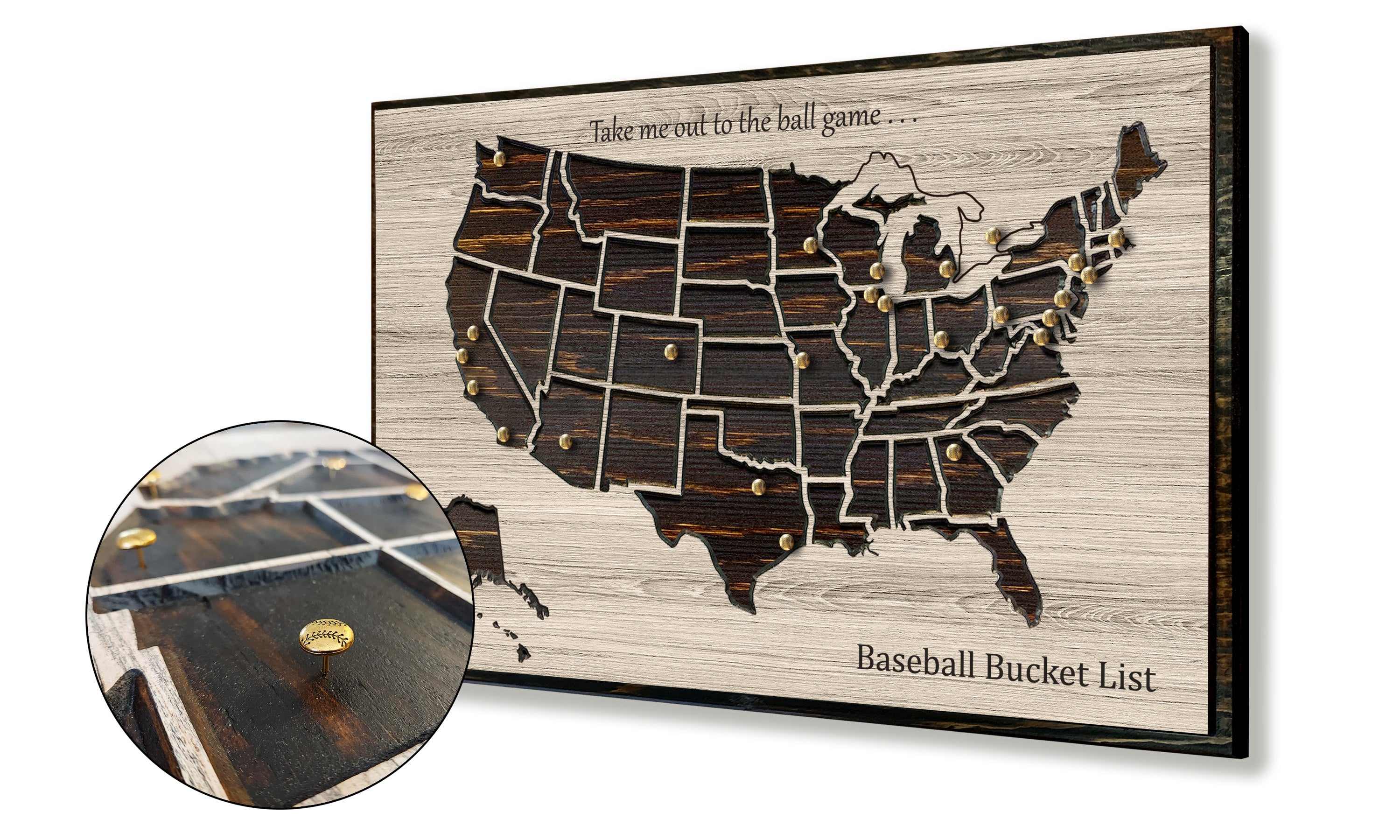 baseball bucket list us push pin travel map to mark MLB stadiums