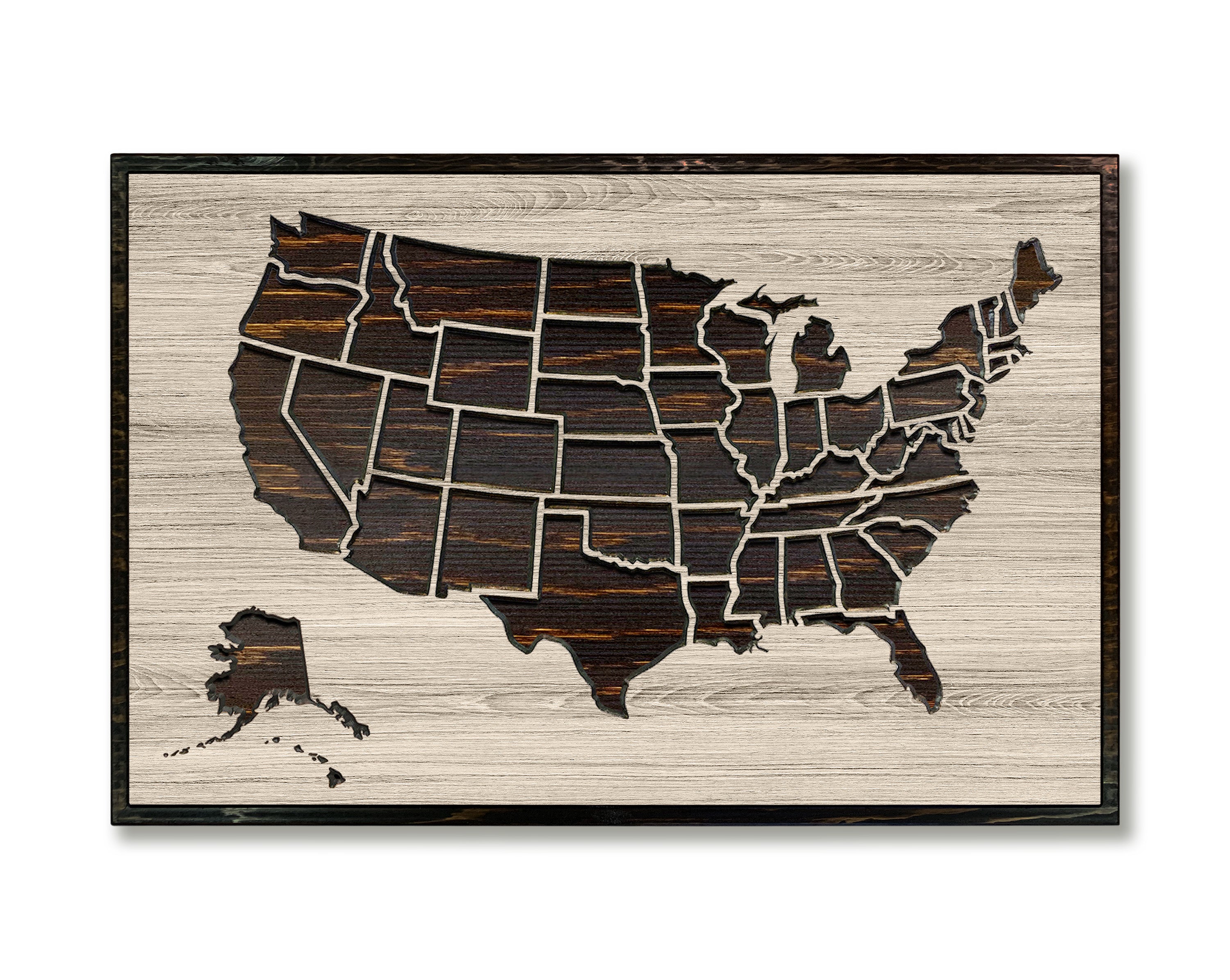 US push pin travel map carved into wood and custom made to order