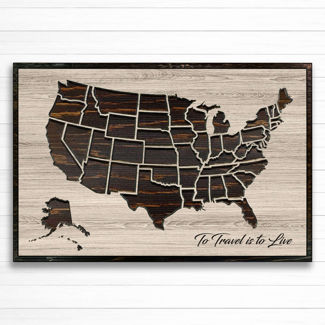 US Push Pin Travel Map personalized with your own text and use push pins to mark travels - To travel is to live adventure quote