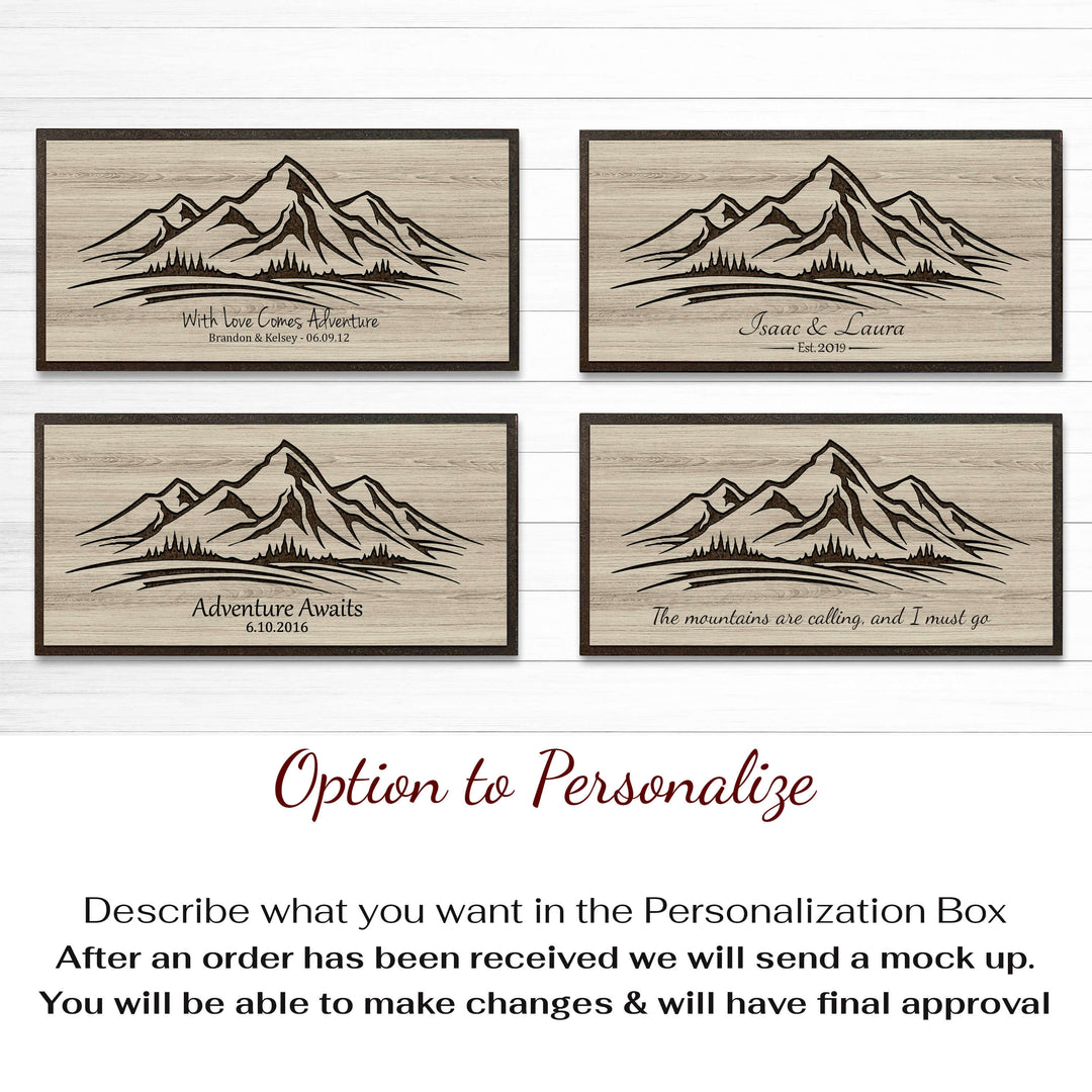 Mountain scene wood wall art. Carved into wood, cutstom made, and personalized with your own text. Nature and cabin home wall decor for your home or office.