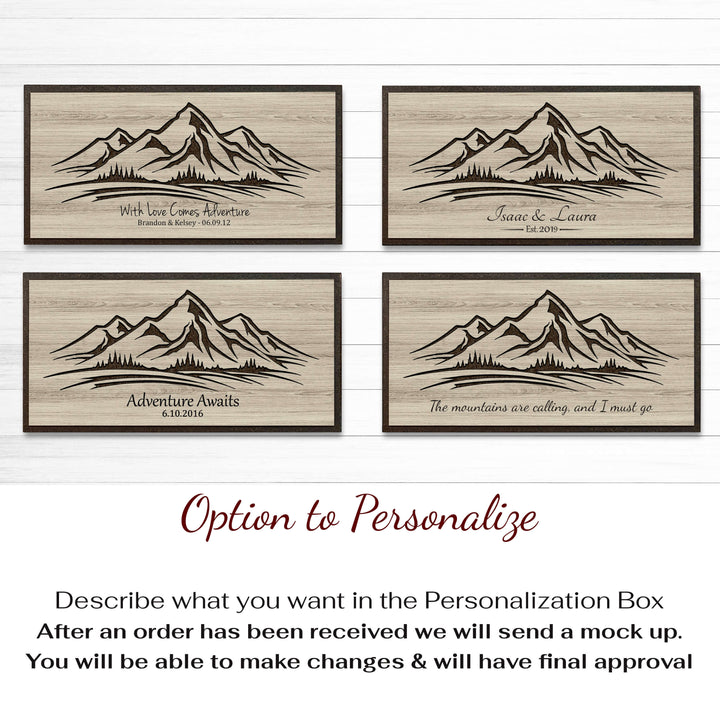 Mountain scene wood wall art. Carved into wood, cutstom made, and personalized with your own text. Nature and cabin home wall decor for your home or office.