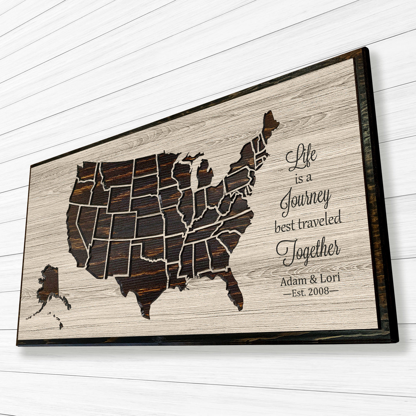 custom wooden push pin map - us map wood wall art that can be customized with your own text and mark locations with our unique push pins - excellent wedding anniversary gift idea