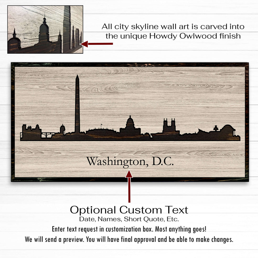 Washington DC city skyline wood all art. Custom carved into solid wood and features Howdy Owl&