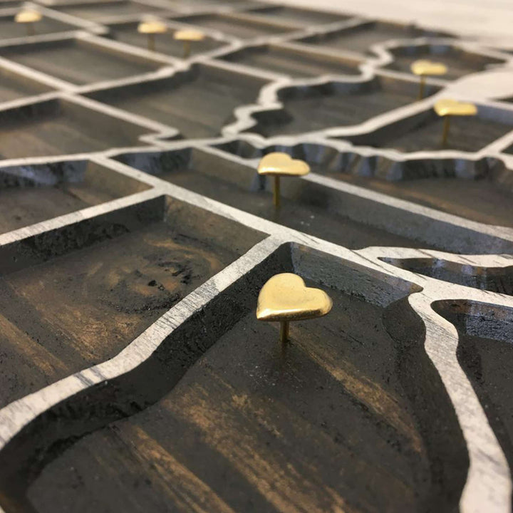 Custom made US push pin travel map to mark location throughout the United States. Carved into wood, and featuring the Howdy Owl wood finish, this is one of the most unique handcrafted push pin maps available. 