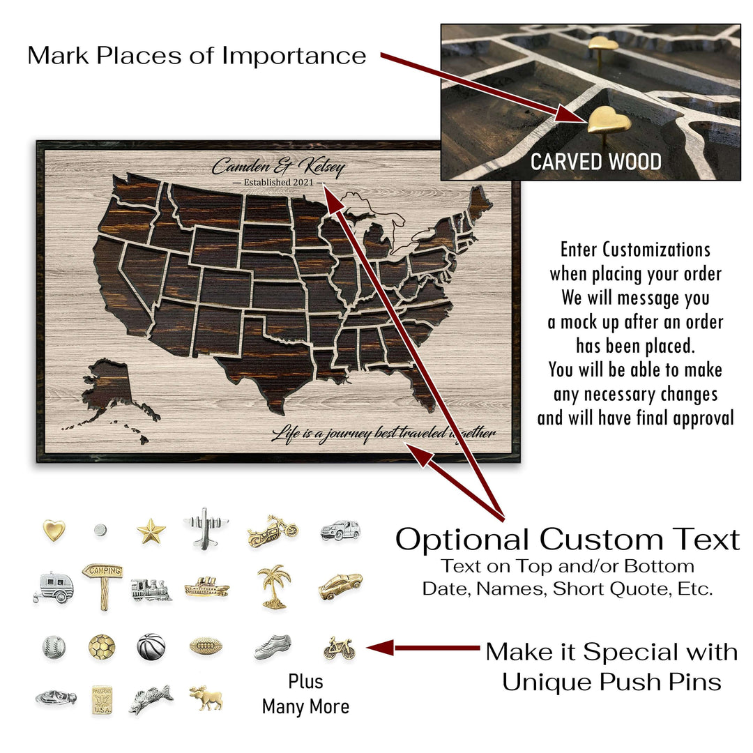 us push pin map wood wall art with custom spiritual or religious verse