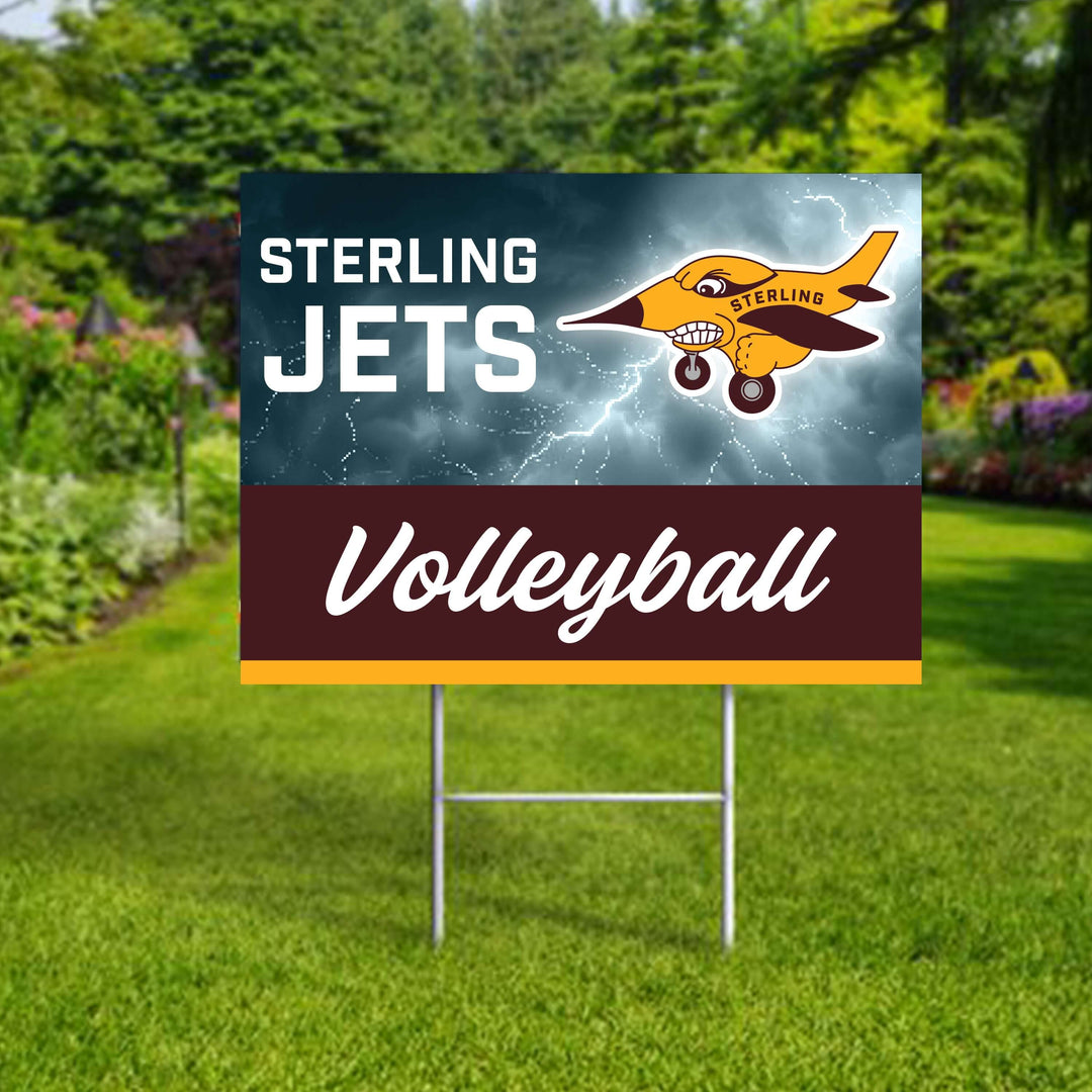 Personalized yard sign for Sterling Jets sports team player. The sign features the team logo in the center, surrounded by a background in team colors.