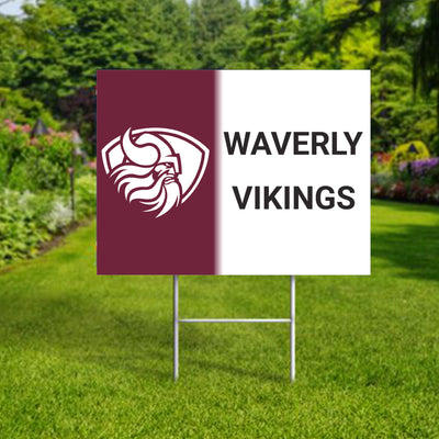 Personalized yard sign for Waverly Vikings sports team player. The sign features the team logo in the center, surrounded by a background in team colors.