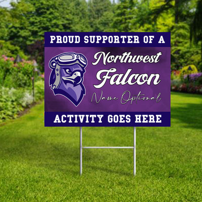 Personalized yard sign for Lincoln Northwest Falcons sports team player. The sign features the team logo in the center, surrounded by a background in team colors.