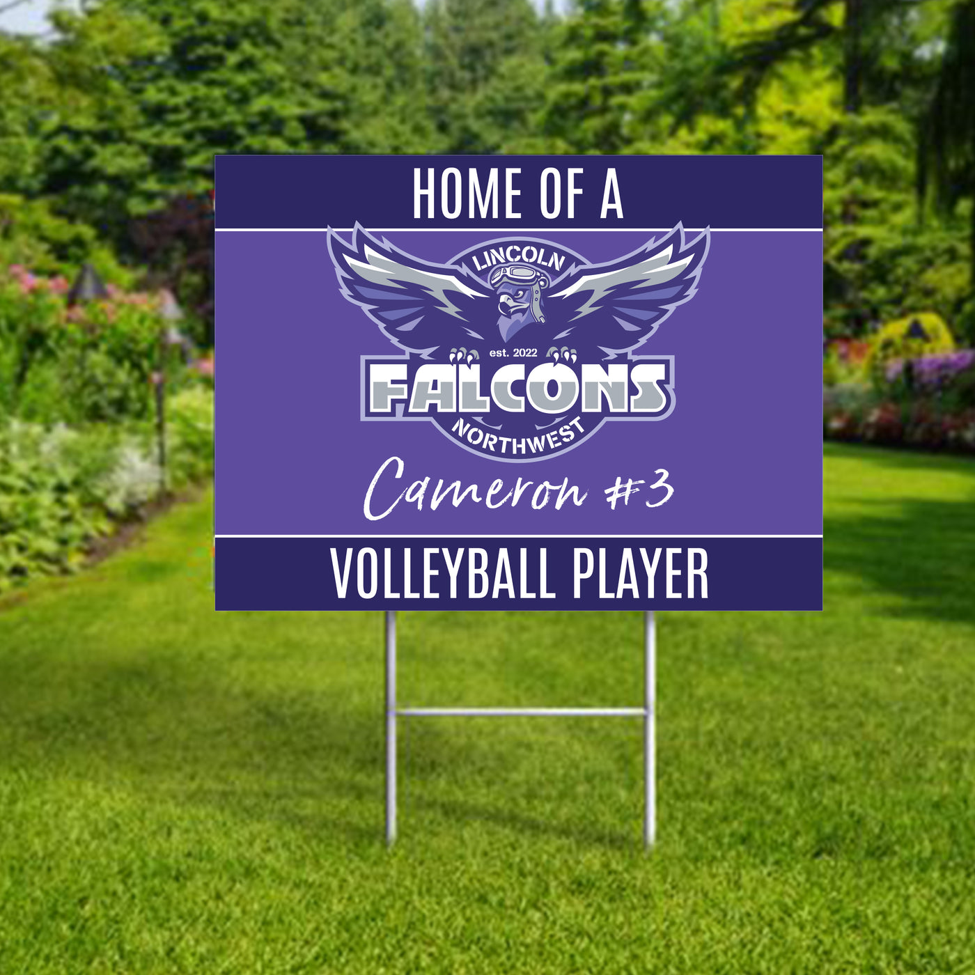 Personalized yard sign for Lincoln Northwest Falcons sports team player. The sign features the team logo in the center, surrounded by a background in team colors.