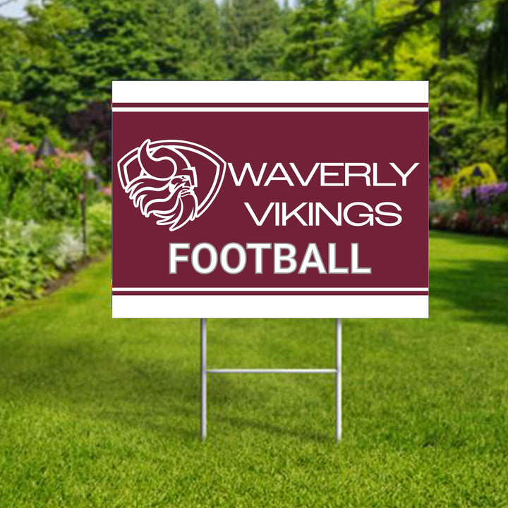 Personalized yard sign for Waverly Vikings sports team player. The sign features the team logo in the center, surrounded by a background in team colors.
