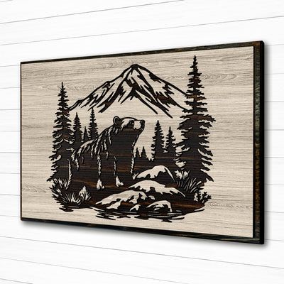 Grizzly bear carved wood wall art featuring Howdy Owl's unique, one of a kind wood finish. This wall art features a grizzly bear, pine tree forest, mountain nature scene that is carved into wood. Handcrafted at our shop located in Ashland, Nebraska our wood wall art can have a distressed tan main board with a dark brown stained carving and edge, or a distressed gray main board with a black stained carving and edge.