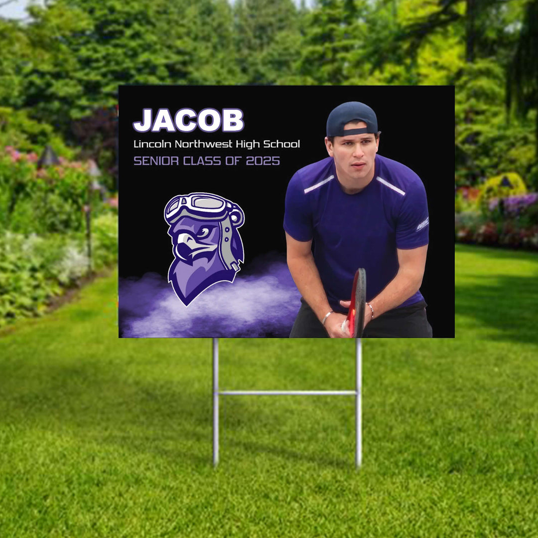 Personalized yard sign for Lincoln Northwest Falcons seniors. The sign features the school logo, colors, and personalized name and photo.