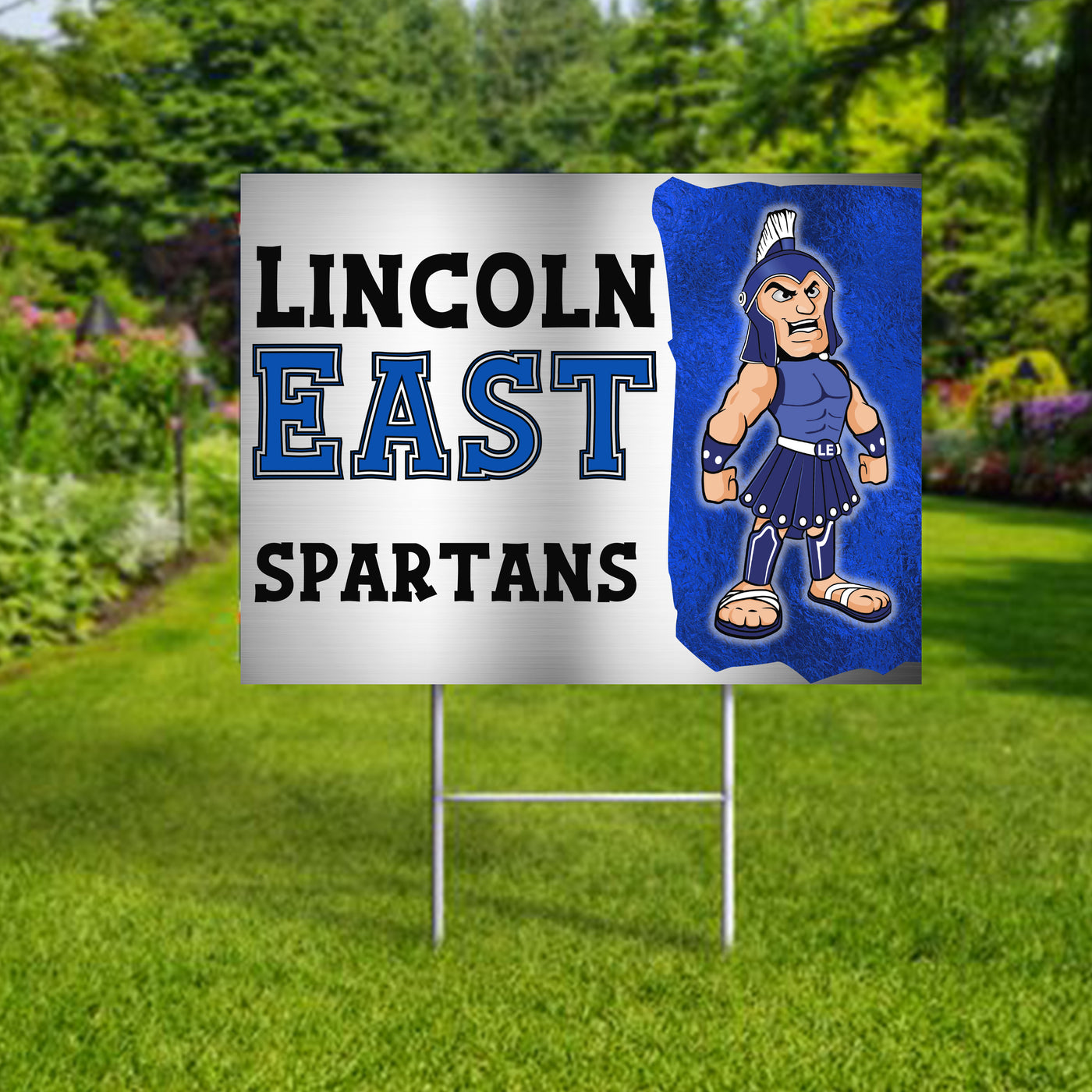 Personalized yard sign for Lincoln East Spartans sports team player. The sign features the team logo in the center, surrounded by a background in team colors.