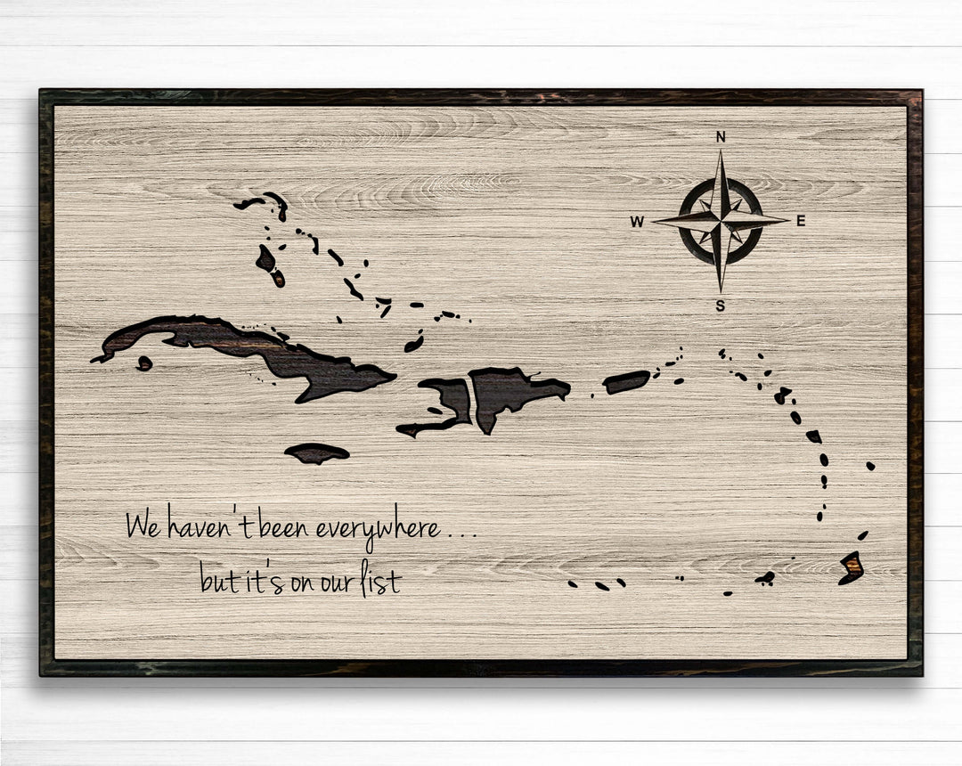 Caribbean push pin map wood wall. Use push pins to mark your travels and custom made with your own text. Handcrafted in Ashland, Nebraska