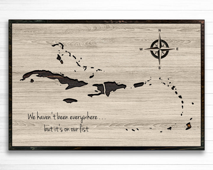 Caribbean push pin map wood wall. Use push pins to mark your travels and custom made with your own text. Handcrafted in Ashland, Nebraska