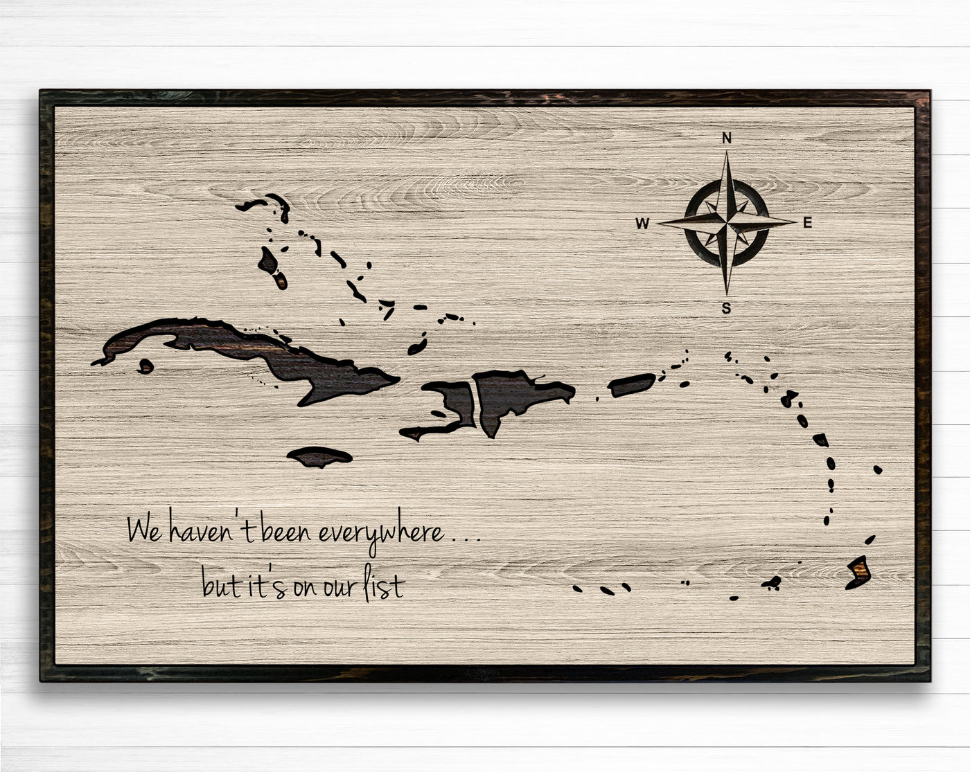 Caribbean push pin map wood wall. Use push pins to mark your travels and custom made with your own text. Handcrafted in Ashland, Nebraska