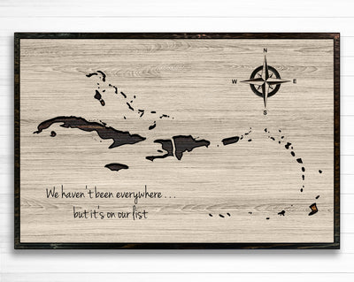 Caribbean push pin map wood wall. Use push pins to mark your travels and custom made with your own text. Handcrafted in Ashland, Nebraska