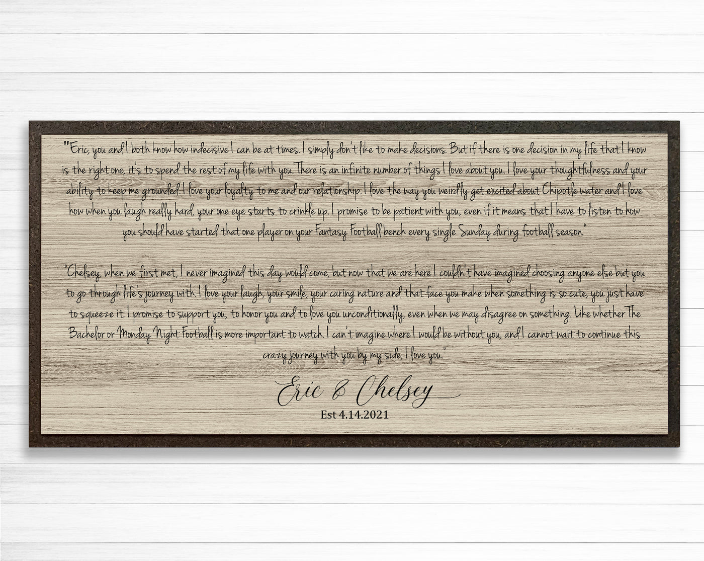 custom wedding vow sign featured on wood wall art with a wooden frame