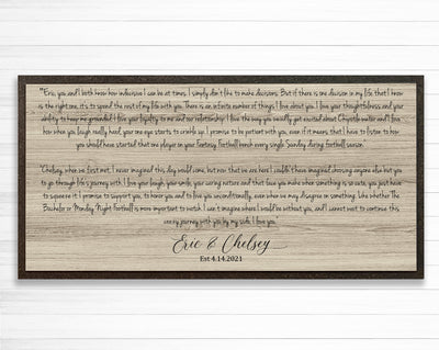 custom wedding vow sign featured on wood wall art with a wooden frame