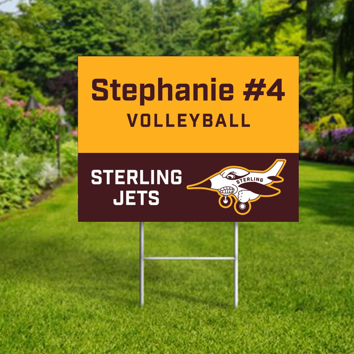 Personalized yard sign for Sterling Jets sports team player. The sign features the team logo in the center, surrounded by a background in team colors.