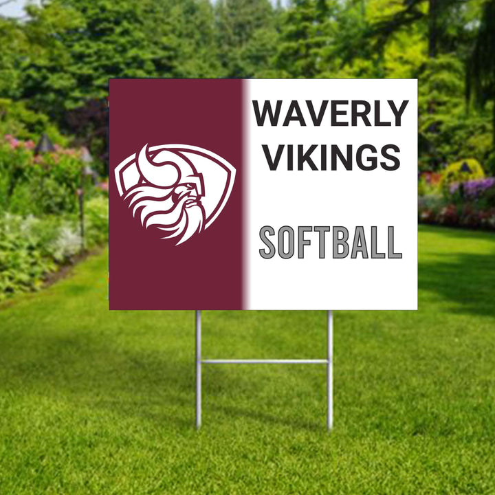 Personalized yard sign for Waverly Vikings sports team player. The sign features the team logo in the center, surrounded by a background in team colors.