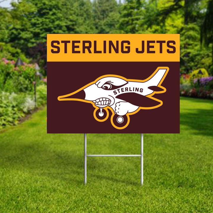 Personalized yard sign for Sterling Jets sports team player. The sign features the team logo in the center, surrounded by a background in team colors.