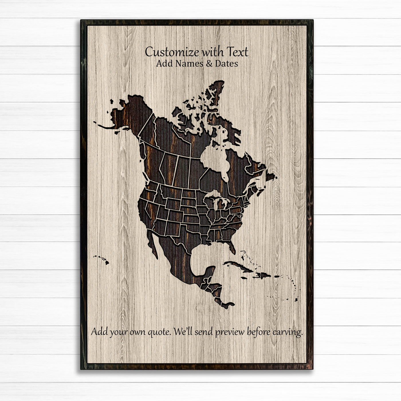 custom wood carved north america push pin map that can be personalized with text