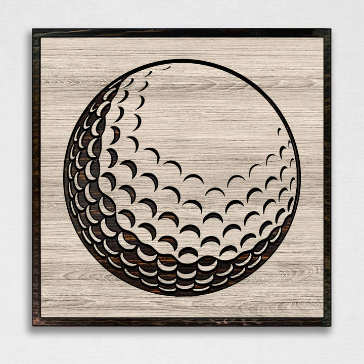 Golf ball wood wall art. Custom carved sports wall decor that is perfect for the basement, office, bar, basement, or man cave.