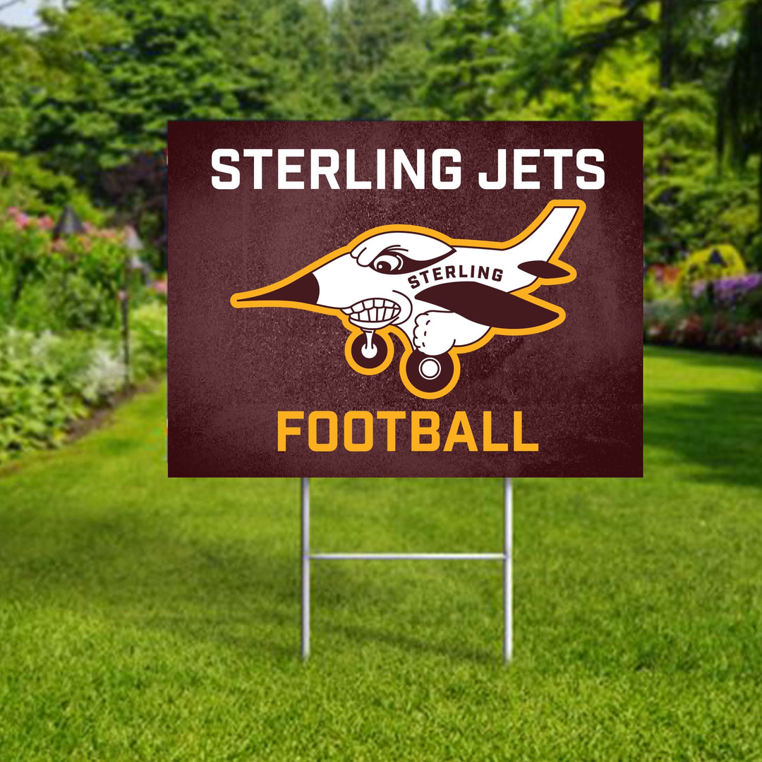 Personalized yard sign for Sterling Jets sports team player. The sign features the team logo in the center, surrounded by a background in team colors.