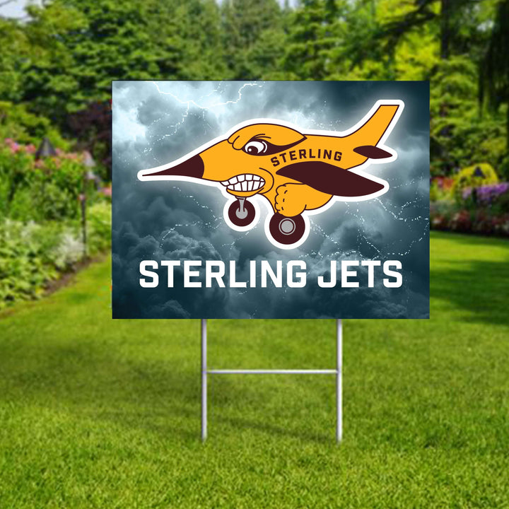 Personalized yard sign for Sterling Jets sports team player. The sign features the team logo in the center, surrounded by a background in team colors.