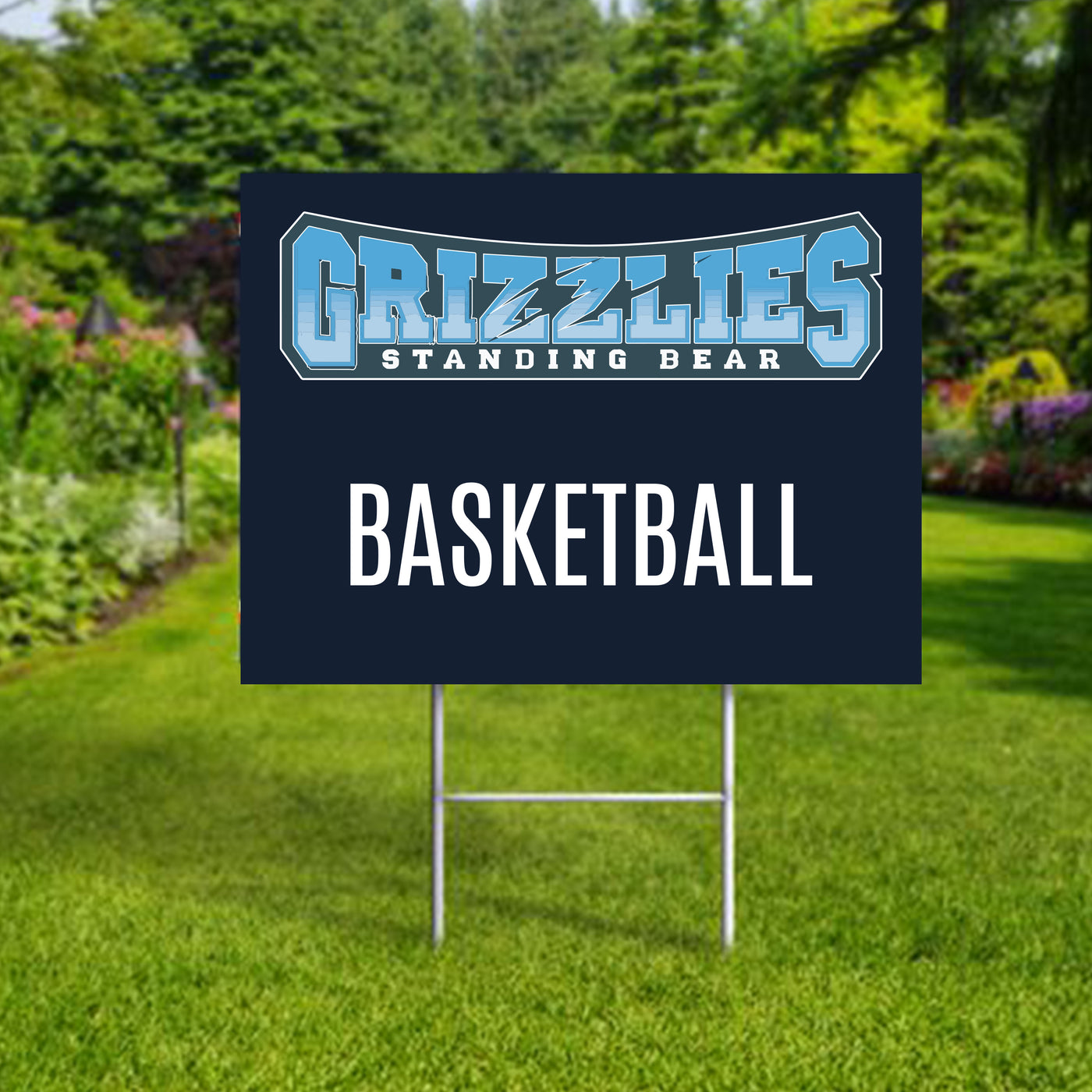 Personalized yard sign for Standing Bear Grizzlies sports team player. The sign features the team logo in the center, surrounded by a background in team colors.