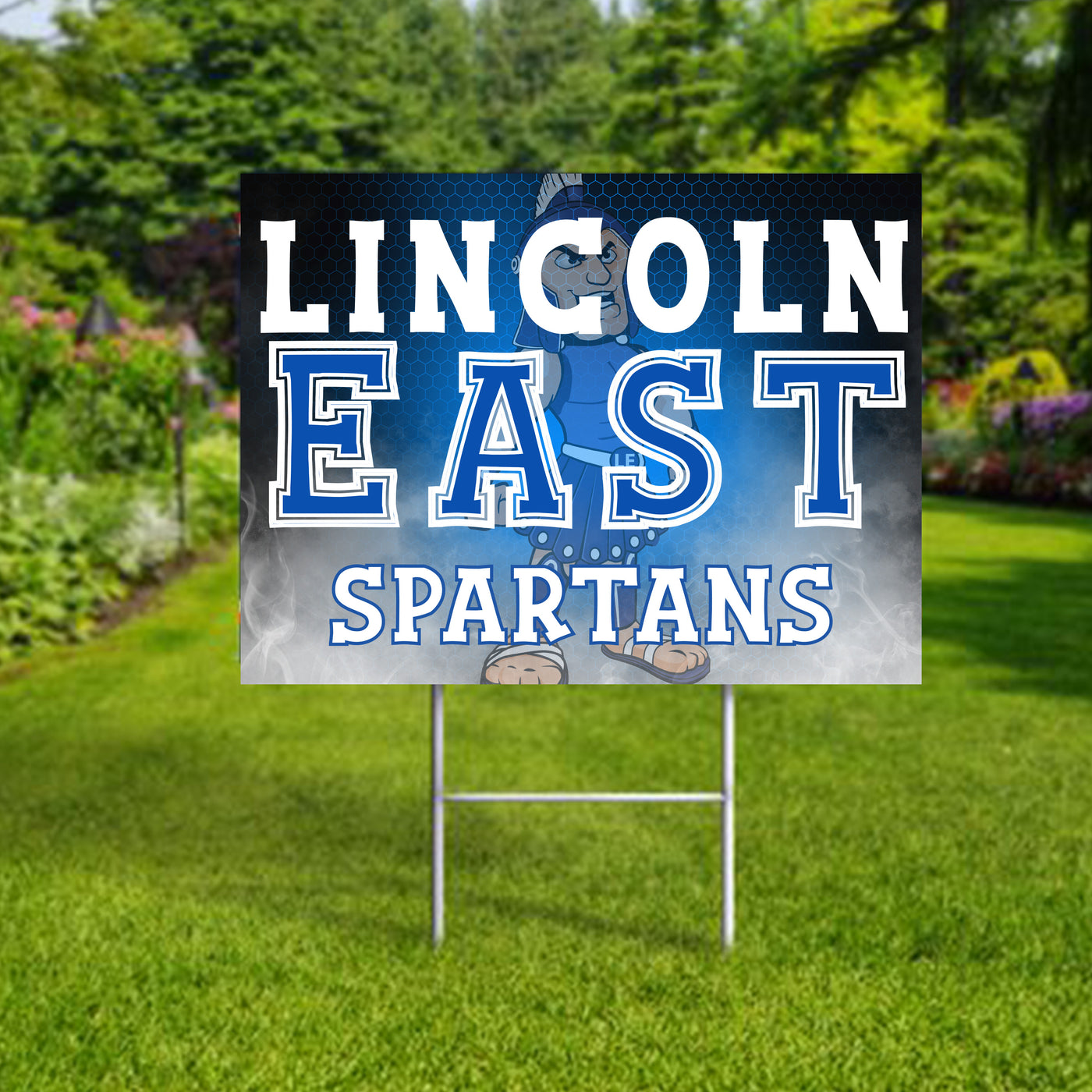 Personalized yard sign for Lincoln East Spartans sports team player. The sign features the team logo in the center, surrounded by a background in team colors.