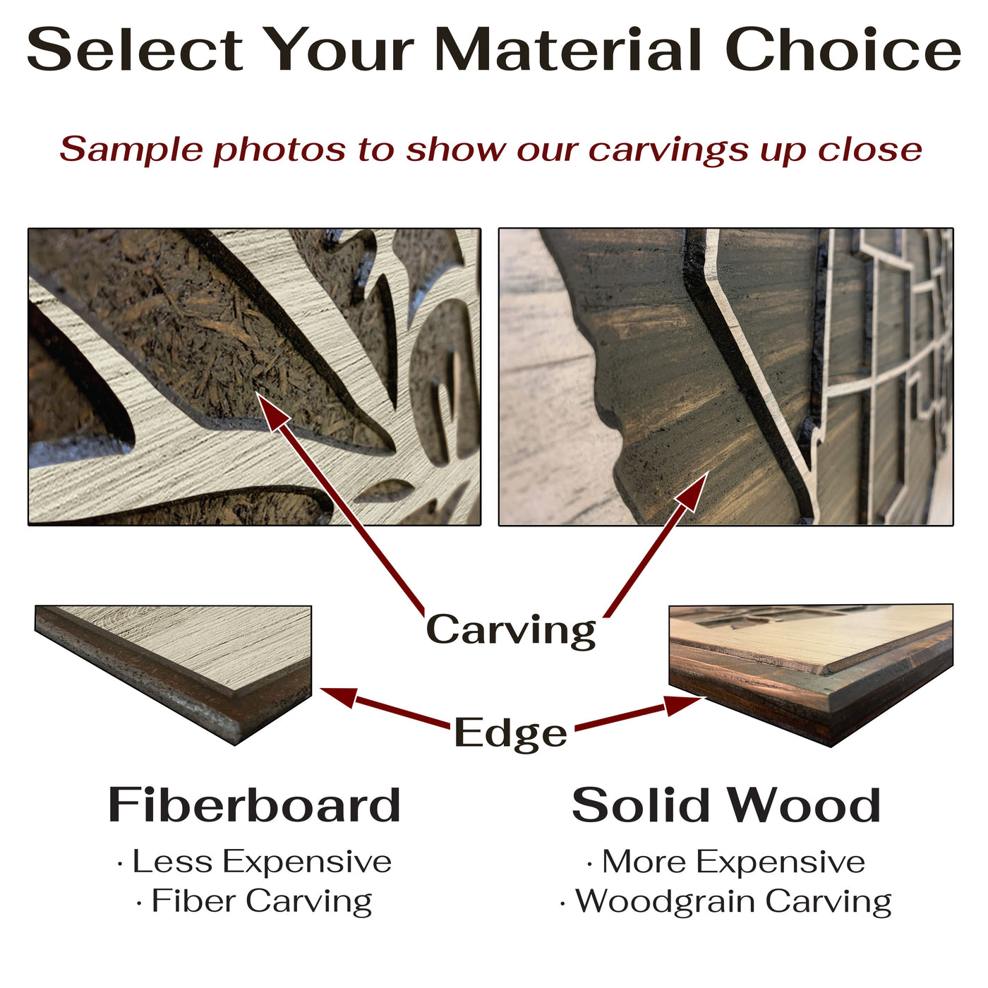 Carved wood wall art featuring the Cleveland, Ohio city skyline with detailed buildings and natural wood grain finish.