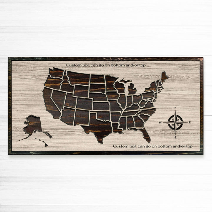 Custom wood carved us push pin map with compass