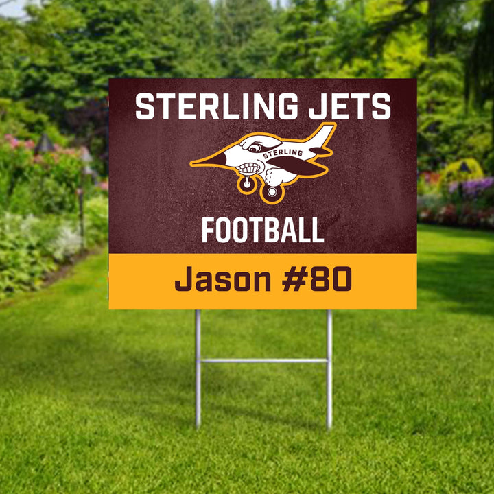 Personalized yard sign for Sterling Jets sports team player. The sign features the team logo in the center, surrounded by a background in team colors.