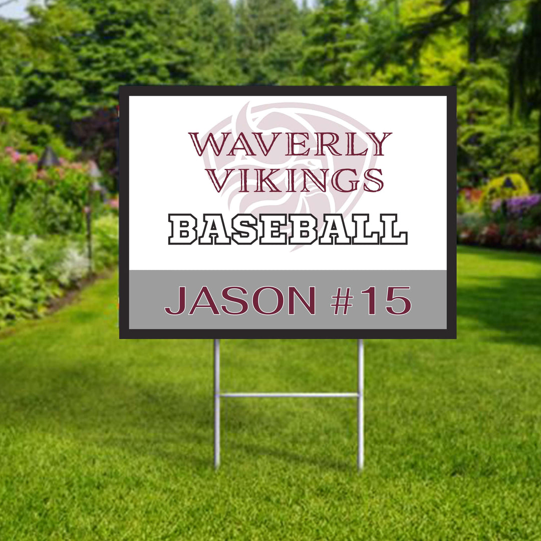 Personalized yard sign for Waverly Vikings sports team player. The sign features the team logo in the center, surrounded by a background in team colors.