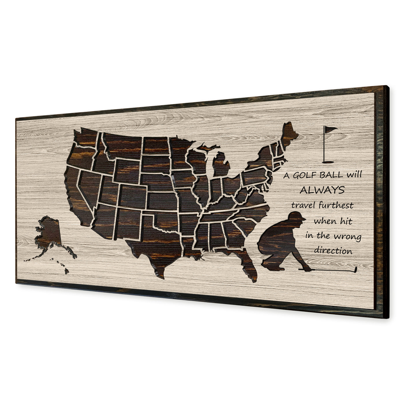 US Push Pin Golf Map to mark golf courses played. Custom carved wooden map that is the perfect gift for any golfer.