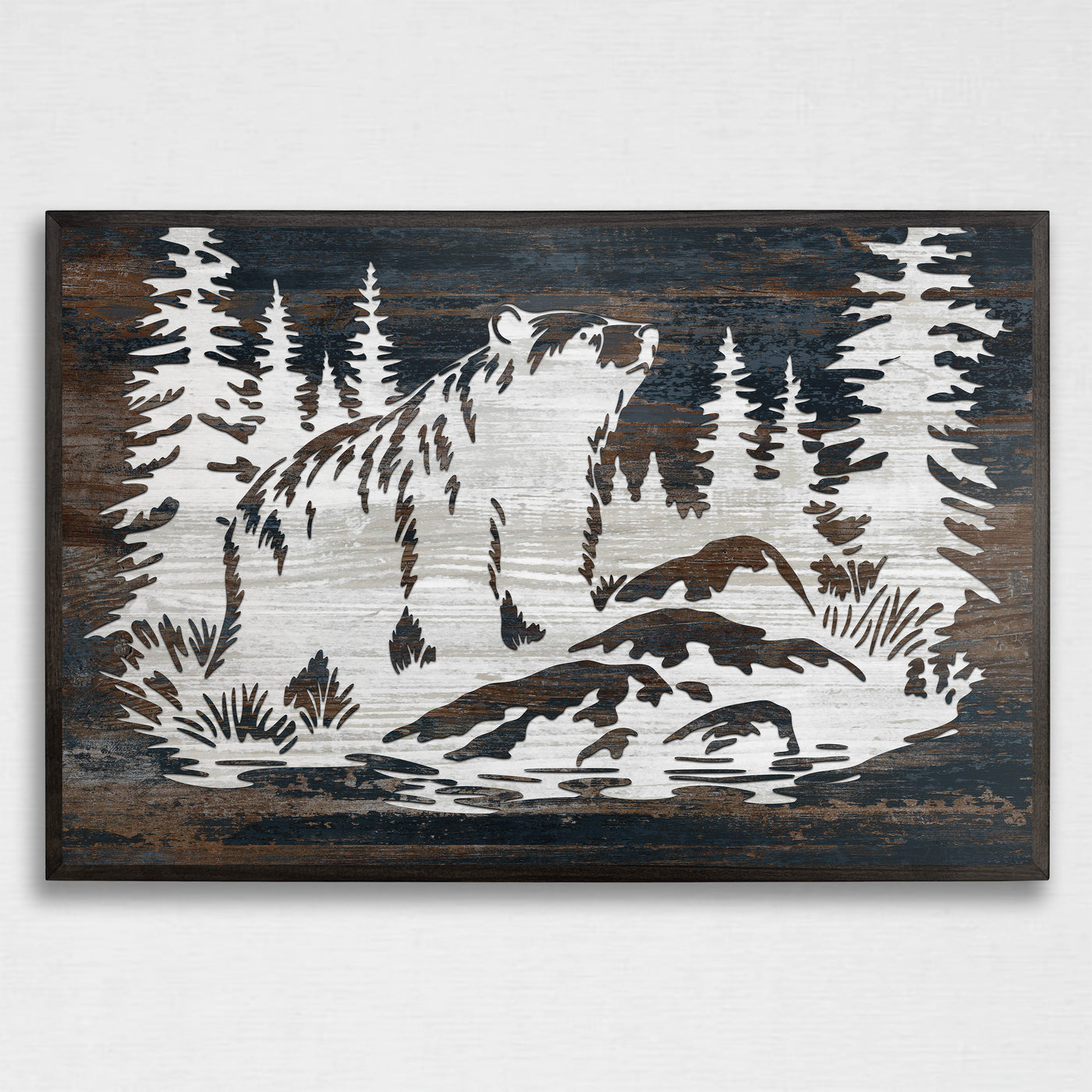 Grizzly bear wood framed canvas wall art. This wall art features a thin, solid wood frame handcrafted at our shop located in Ashland, Nebraska. Cream lime nature scene on a white background, on premium canvas with a high definition print.