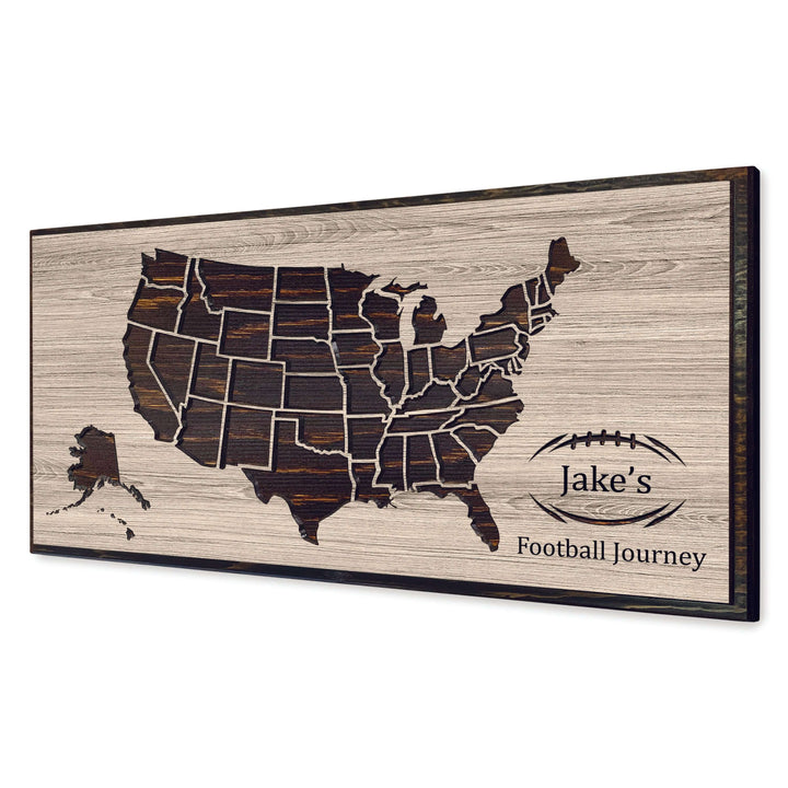 Custom wood carved football stadium travel map with Howdy Owl signature finish handcrafted in Ashland, Nebraska