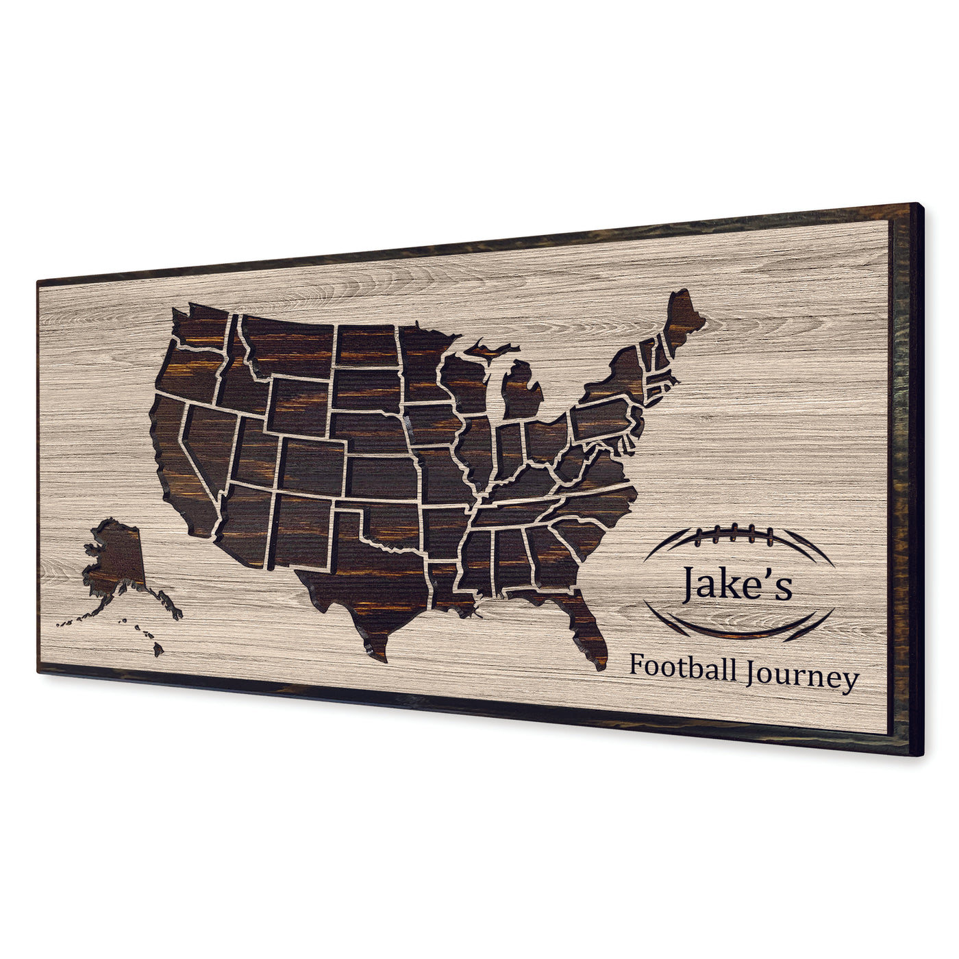 Custom wood carved football stadium travel map with Howdy Owl signature finish handcrafted in Ashland, Nebraska