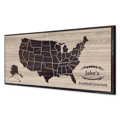 Custom wood carved football stadium travel map with Howdy Owl signature finish handcrafted in Ashland, Nebraska