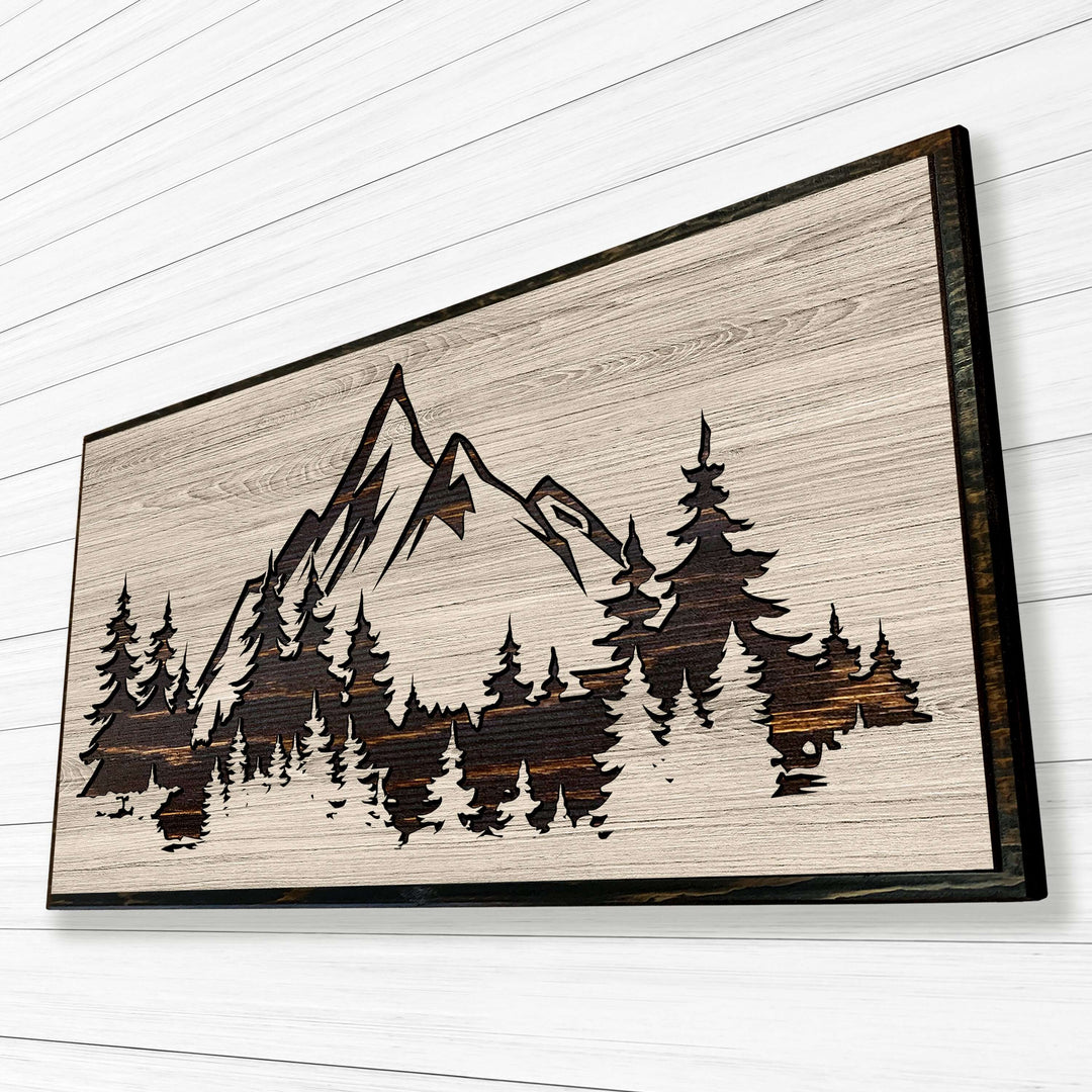 carved mountain wood wall art - cabin art - nature art - tree art