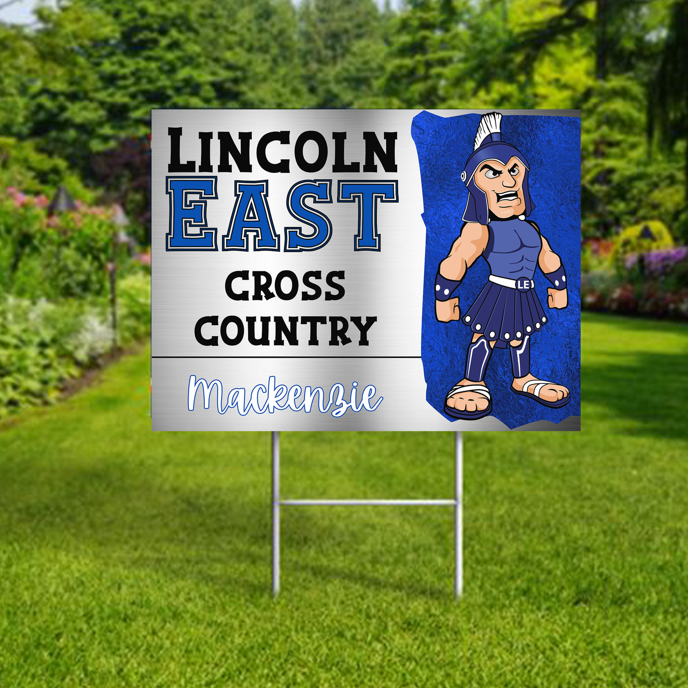 Personalized yard sign for Lincoln East Spartans sports team player. The sign features the team logo in the center, surrounded by a background in team colors.