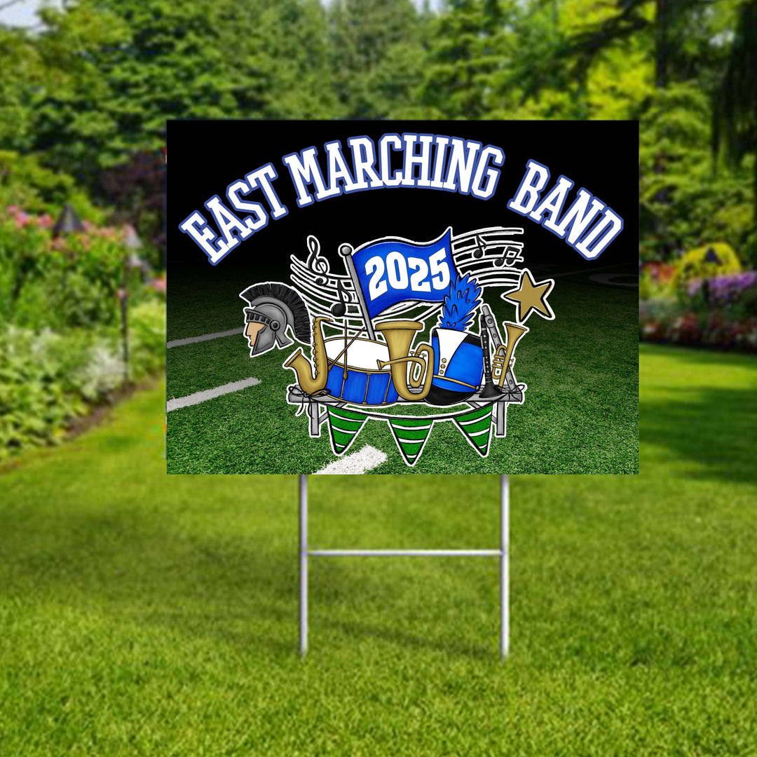 Personalized yard sign for Lincoln East Spartans Marching Band. The sign features the school colors and can be personalized with a students name.