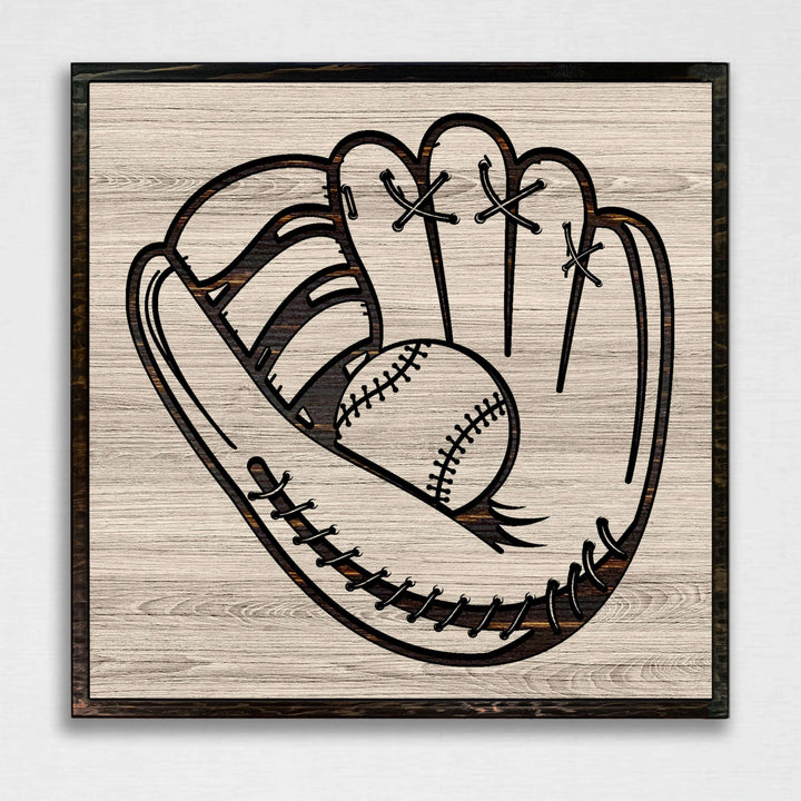 Baseball glove wood wall art. Custom carved sports wall decor that is perfect for the basement, office, bar, basement, or man cave.