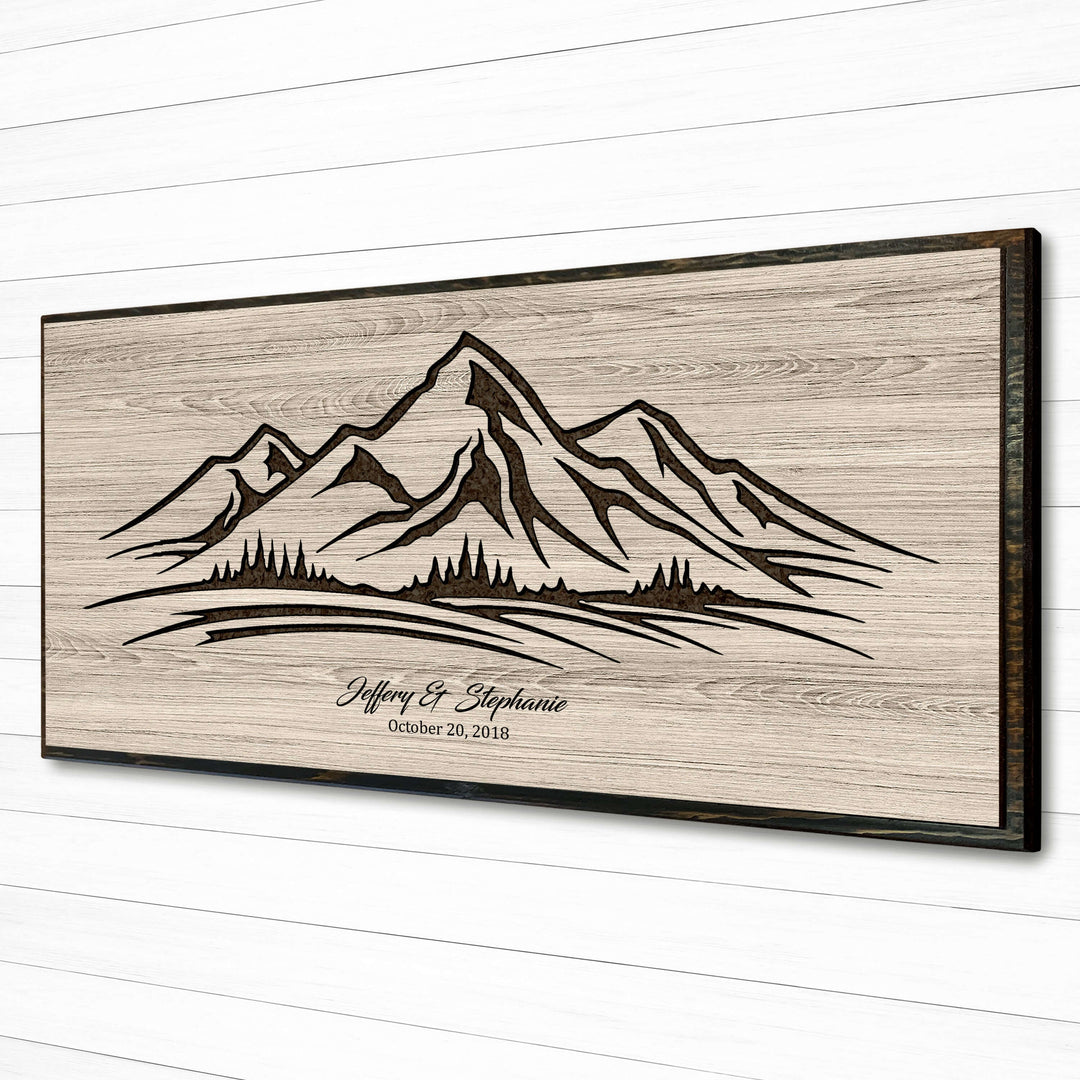 Mountain scene wood wall art. Carved into wood, cutstom made, and personalized with your own text. Nature and cabin home wall decor for your home or office.