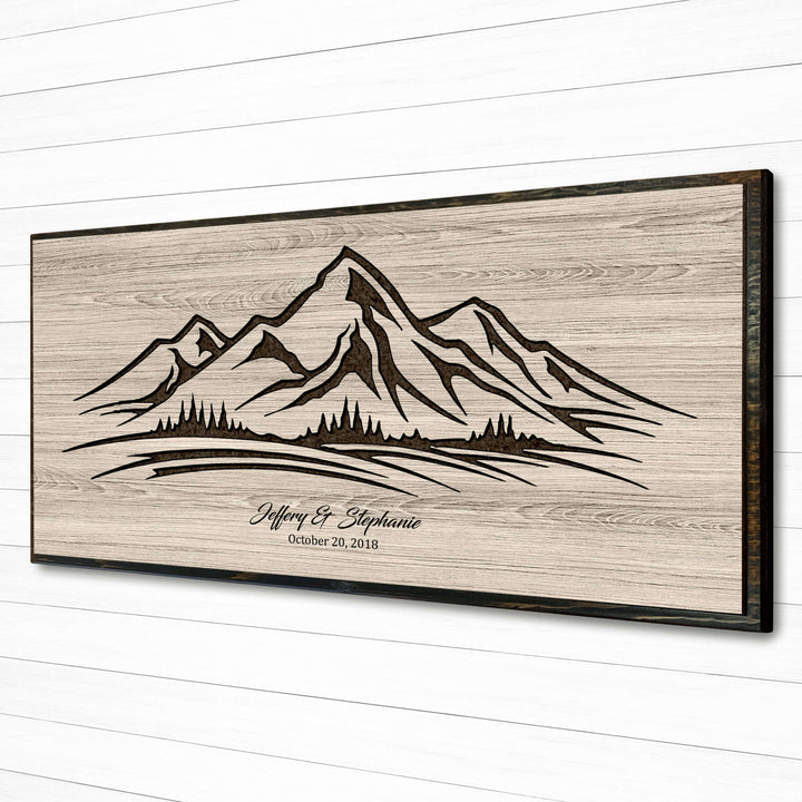 Mountain scene wood wall art. Carved into wood, cutstom made, and personalized with your own text. Nature and cabin home wall decor for your home or office.